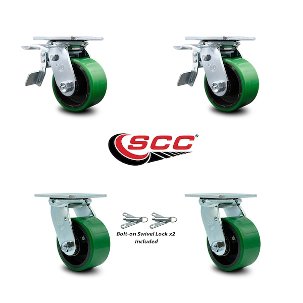 4 Inch Green Poly on Steel Caster Set with Roller Bearings 2 Brake 2 Swivel Lock